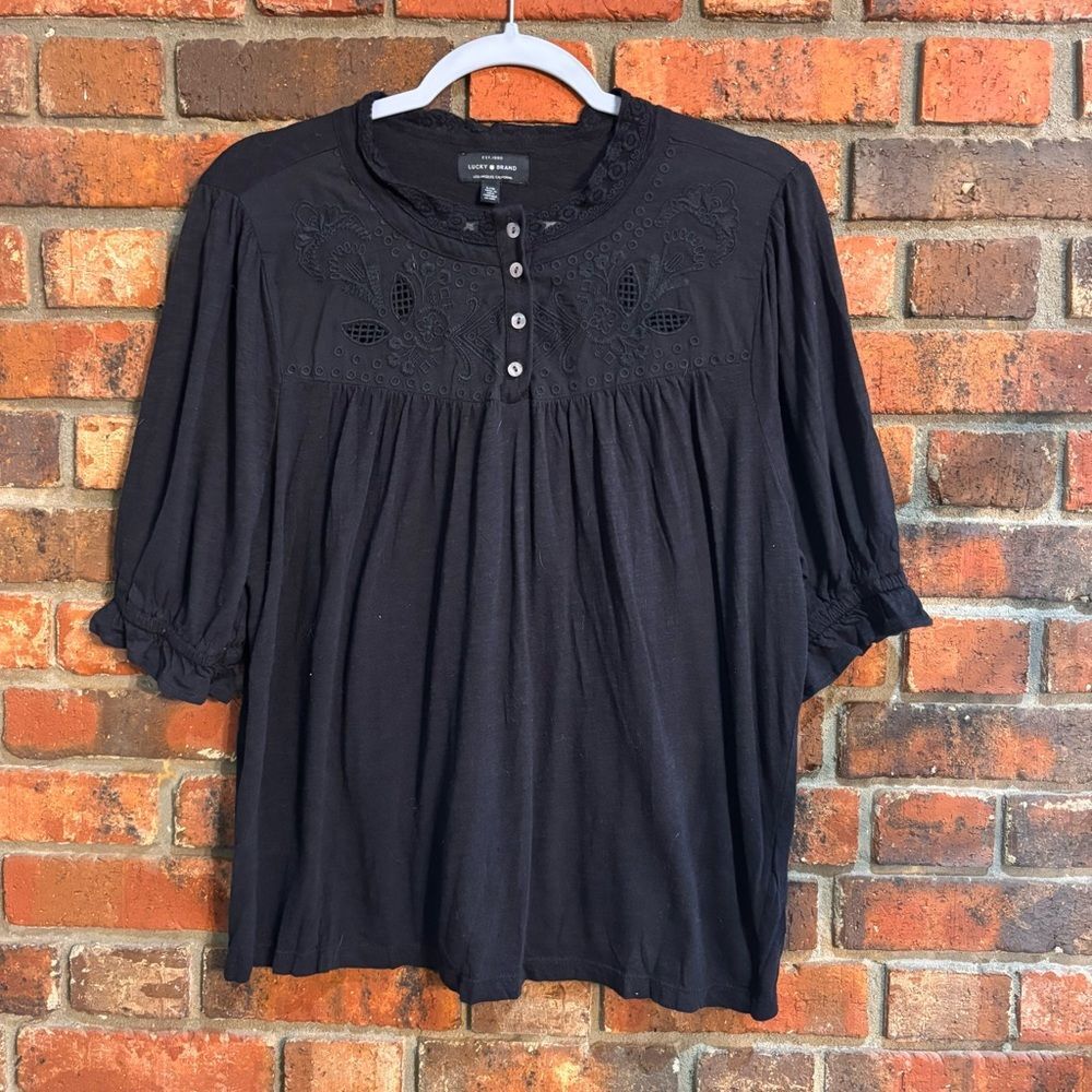 Lucky Brand womens embroidered boho cottagecore romantic peasant top black L